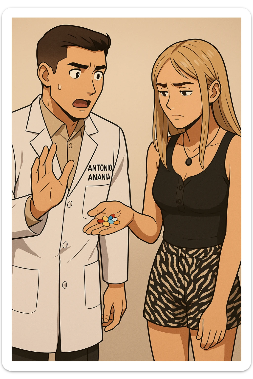 fai un webtoon/manga a colori con questo kinesiologo in camice bianco (fagli la scritta "ANTONIO ANANIA" SUL CAMICE) CHE PARLA CON QUESTA RAGAZZA. LA RAGAZZA HA UN PUGNO DI INTEGRATORI IN MANO (TANTE PILLOLE DIVERSE) E LE GUARDA DUBBIOSA. IL KINESIOLOGO CON IL CAMICE BIANCO LE DOMANDA UNA COSA SCIOCCATO. NON FARE I FUMETTI, FAI SOLO LORO COME SE DIALOGASSERO sticker