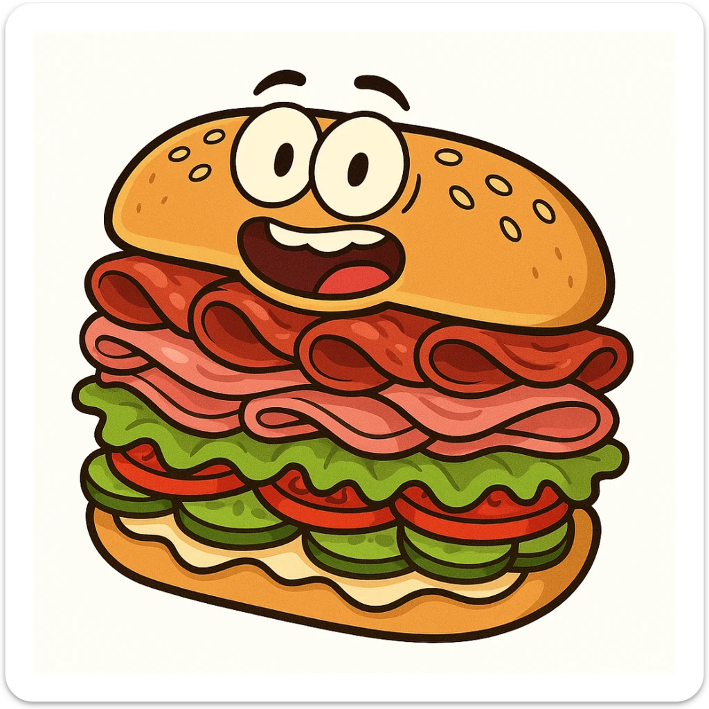 cartoon Italian sub with sesame seed bun, stacked meats and veggies, vibrant, exaggerated proportions, isolated on white background sticker