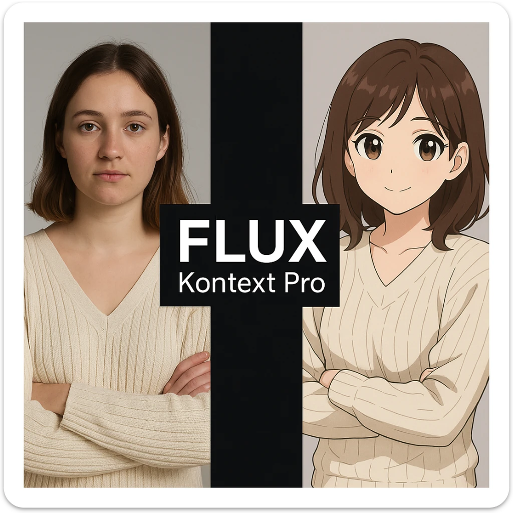 create before after image of a girl before is realsitic photo, after is anime version of her in same pose and clothes, add logo with text of a "FLUX Kontext Pro" in middle in big, black background sticker