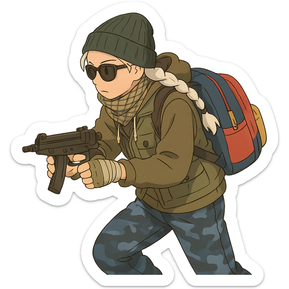 1 female, long white braid, knit cap, dark sunglasses, shemegh neckwrap, fishing vest, vibrant shool backpack, drab hoodie, handwraps, blue camo pants, tactical reload of a VZ-64 Scorpion, hunched over, on the move sticker