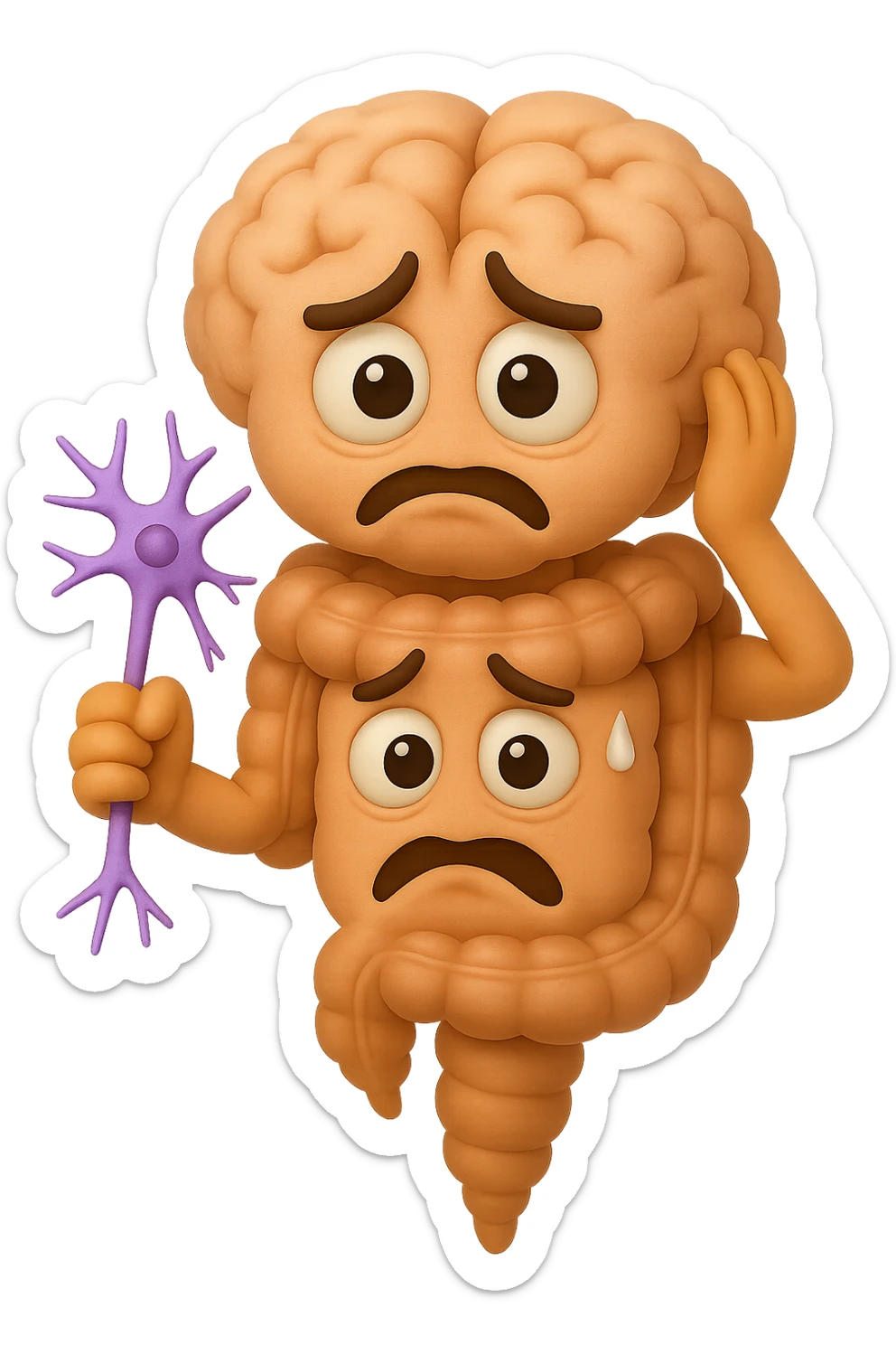 EMOJI STILE IPHONE DI UN INTESTINO collegato verticalmente ad un cervello mentre tiene in mano un neurone, espressione stressata, IPERREALISTICO 4K sticker