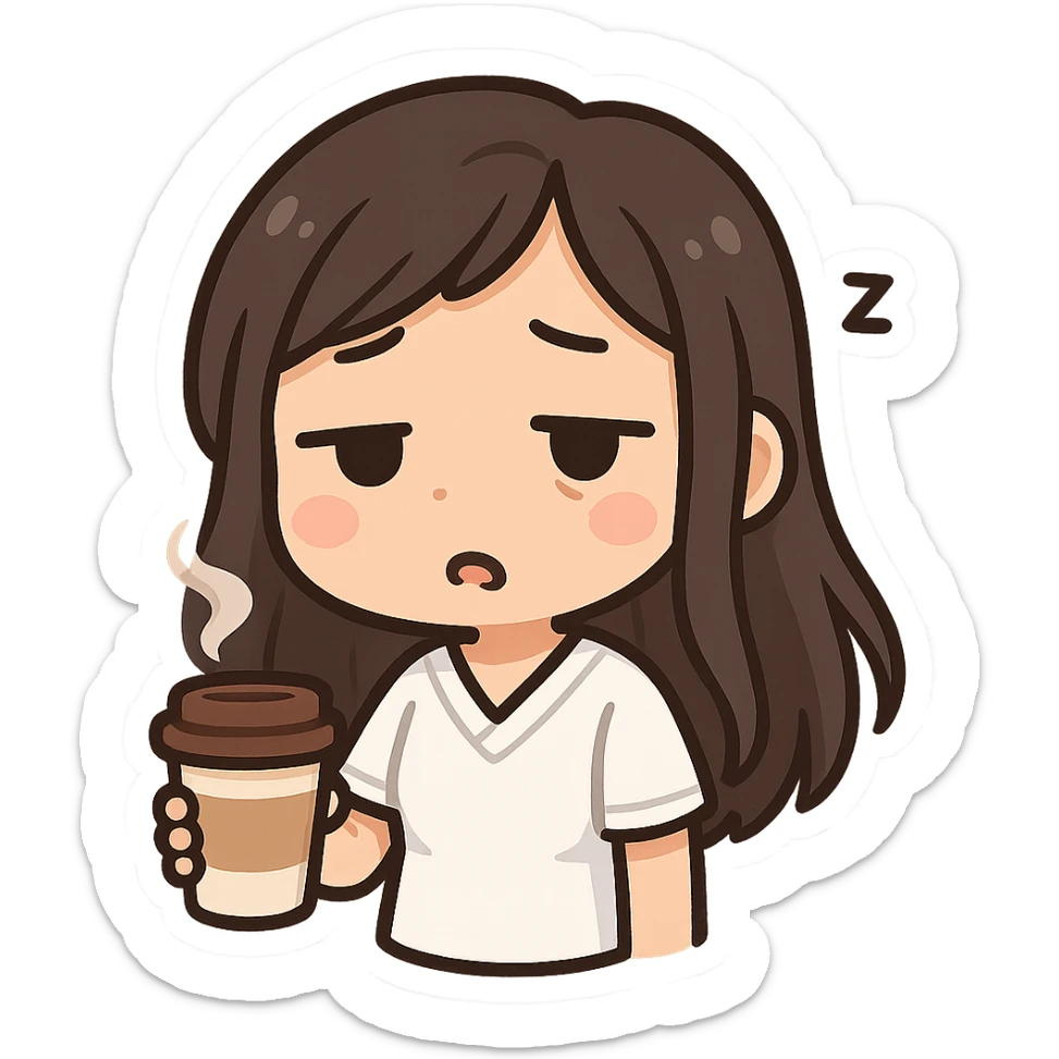 3D chibi bitmoji style sticker of a girl with long dark hair, white medical top, holding a coffee cup and looking sleepy, white outline sticker