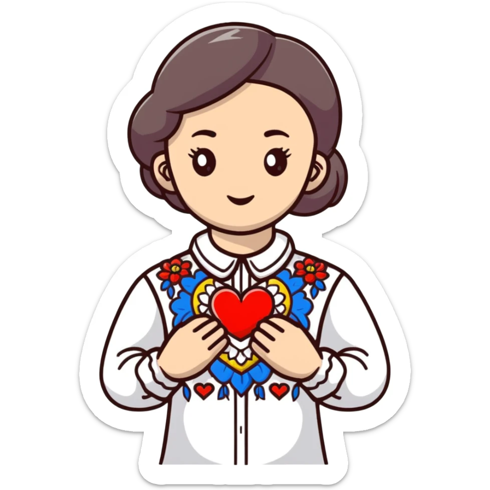 beautiful young girl in a white Ukrainian embroidered shirt clutching a large embroidered heart sticker