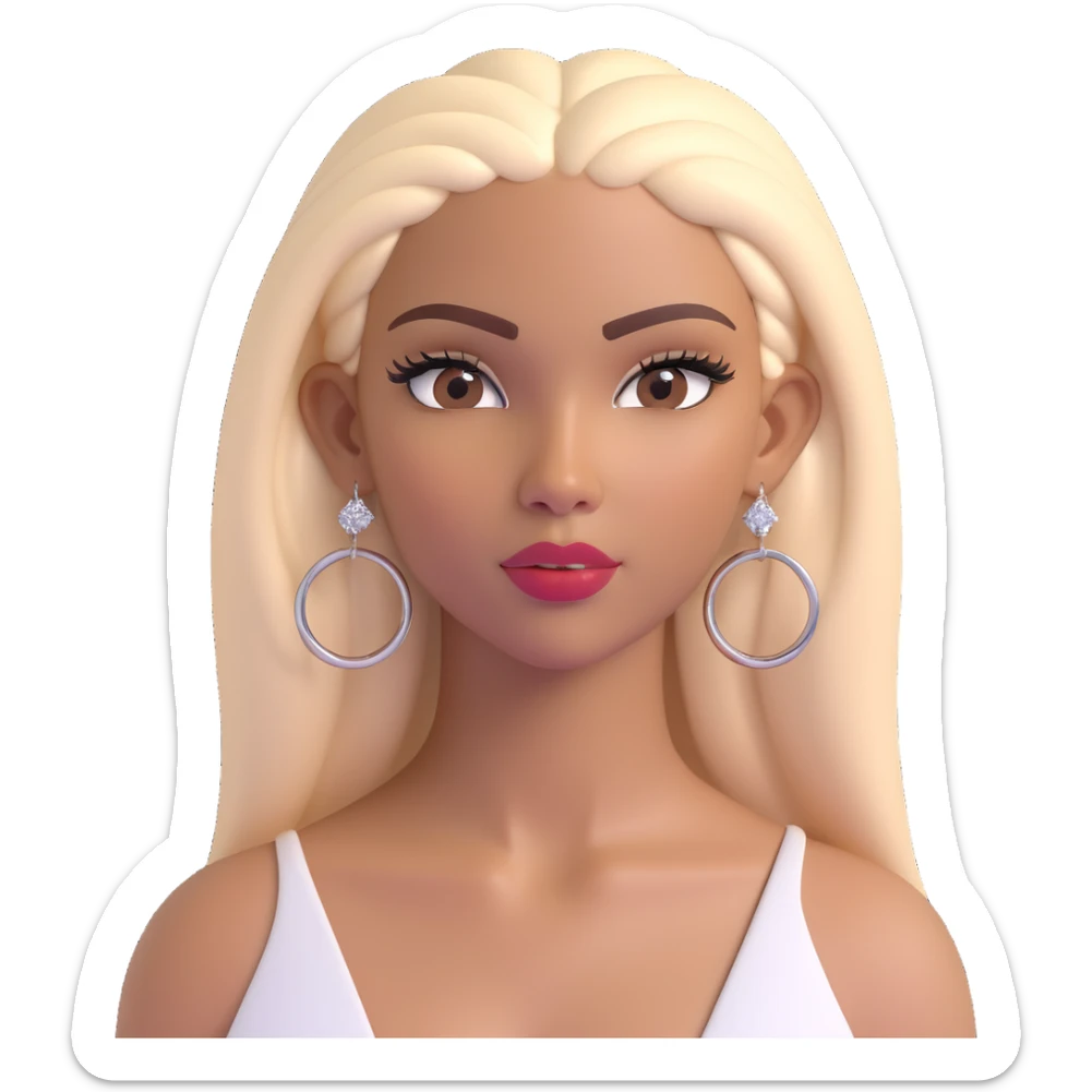 emoji-style head of a young Dominican woman inspired by Yailin La Más Viral, light brown skin, long straight platinum blonde hair, arched eyebrows, long lashes, glossy lips, stylish makeup, confident diva-like expression, bold hoop earrings, modern urban vibe, fierce and glamorous sticker