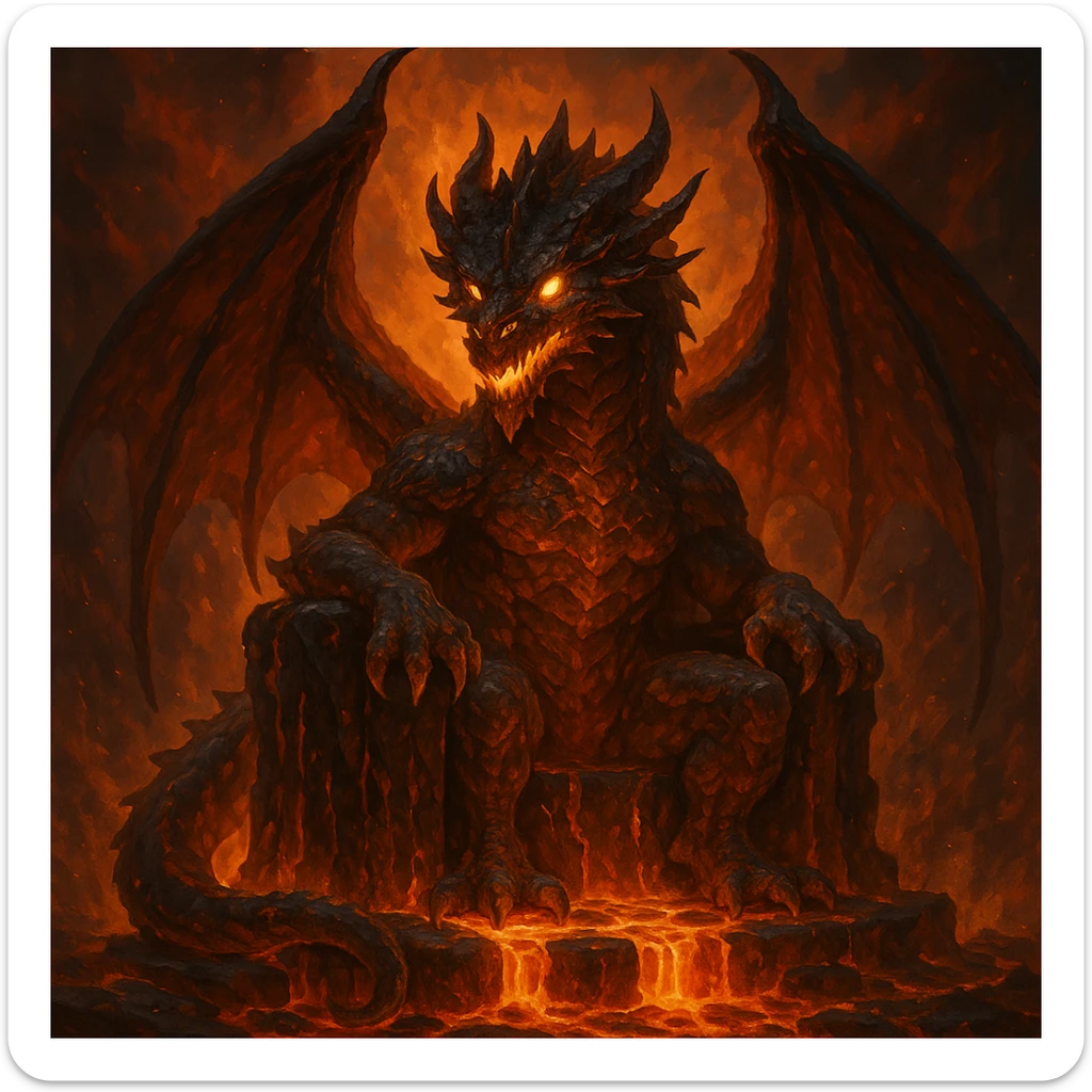 fire lord dragon, sitting on a throne of lava, glowing eyes, fantasy art, fantasy style sticker