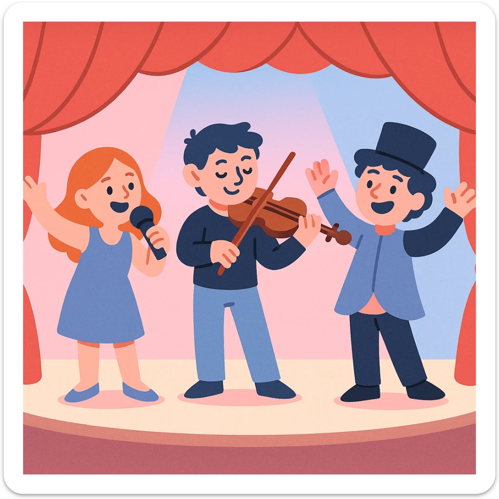theatre stage with red curtains, pastel pink and blue lighting, gentle and whimsical, modern illustration style sticker