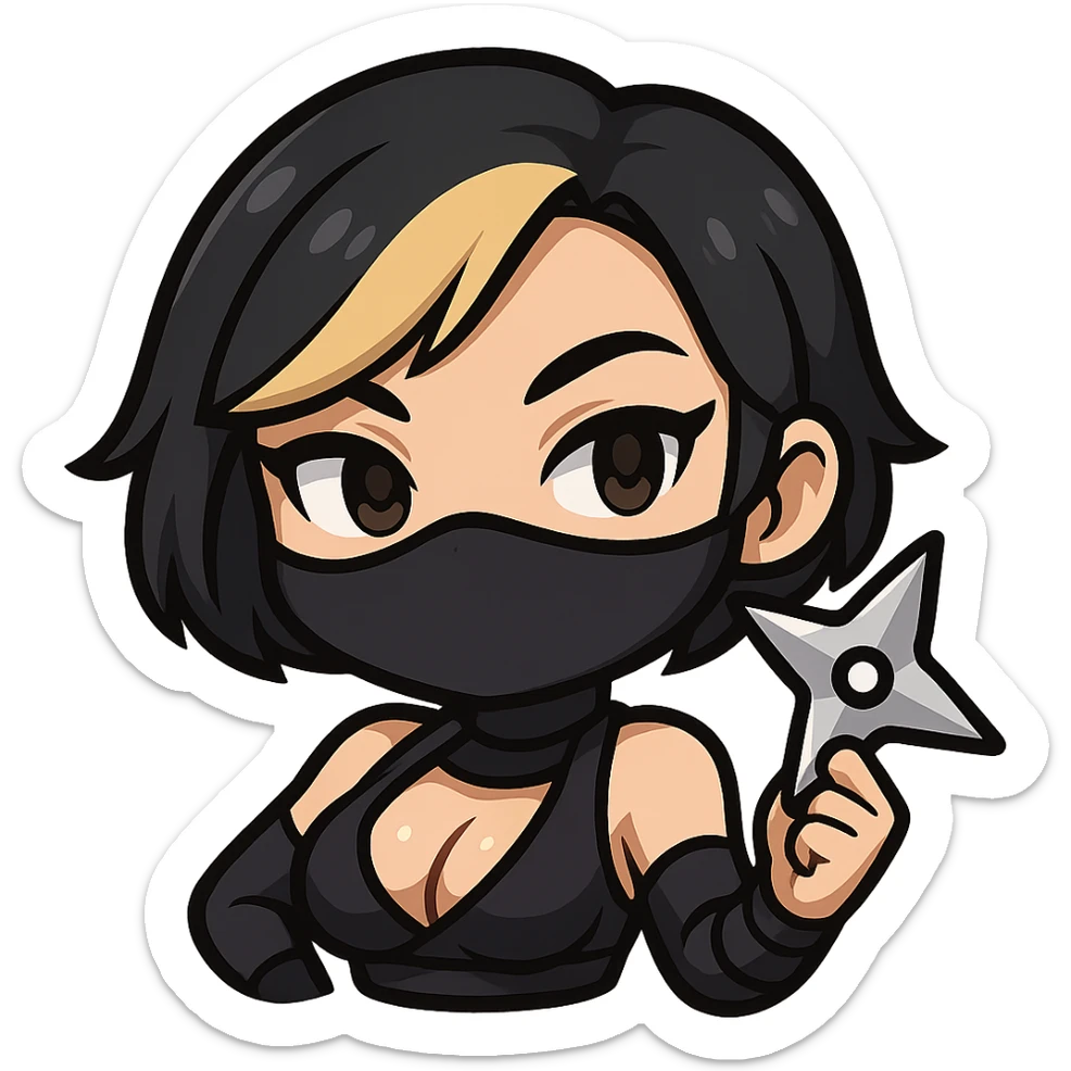 Sexy chibi ninja girl with black short hair and a blonde streak, only head and arms, bold outlines, transparent background, different pose: holding a ninja star in one hand, confident expression, sized for Twitch emoji use. sticker