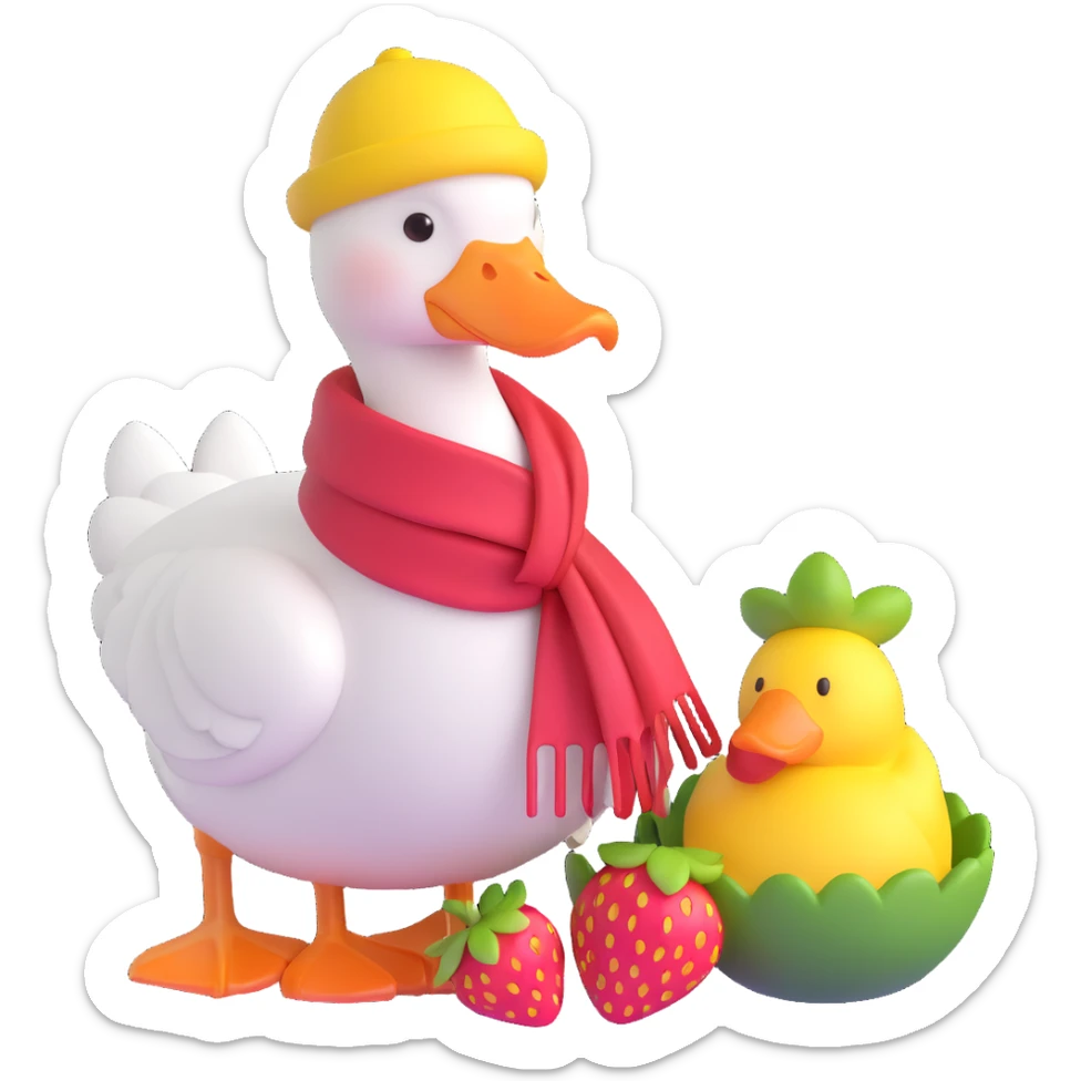 A cute white goose wearing a yellow hat and scarf, sitting with strawberries, in 3D iOS emoji style with soft gradients and glossy finish, no background. sticker