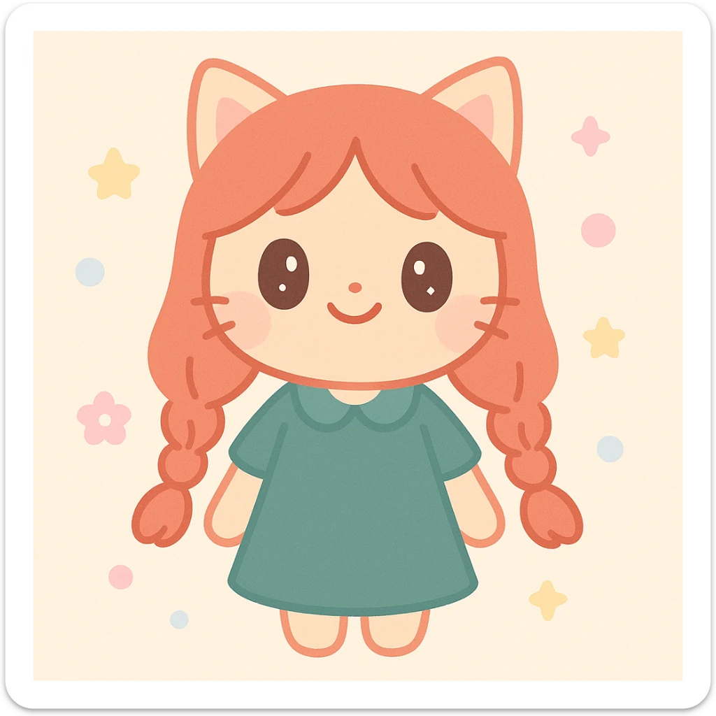 catgirl with long red hair in two braids, dark green dress, anime style, cheerful expression sticker
