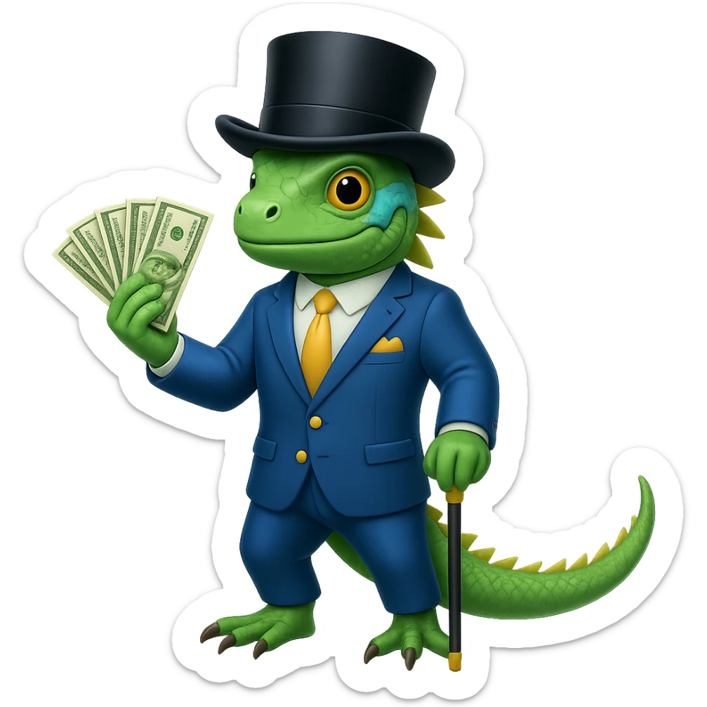 Add a top hat and cane to the iguana in a blue suit holding cash in the style of apple emojis. Keep the apple emoji style consistent with the original image. sticker