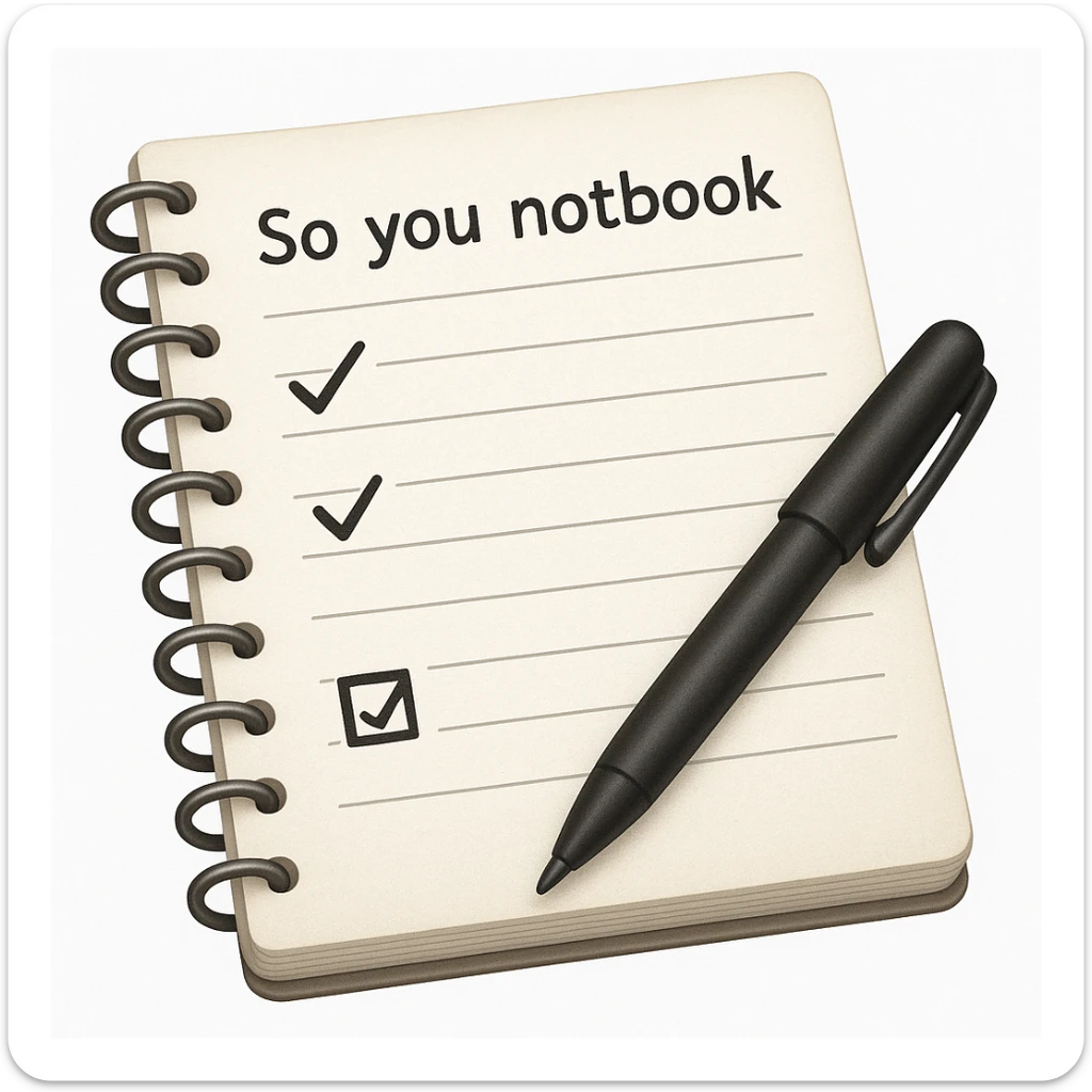 emoji of white vintage notebook with some list on it and a black pen nearby sticker