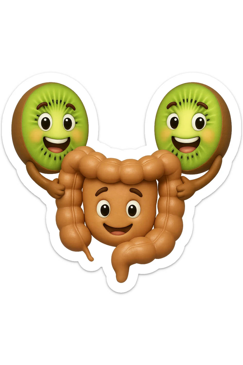 emoji stile iphone di kiwi fluttuano in aria tenendo in mano un pezzo di colon con espressione felice in volto, iperrealistico 4k sticker