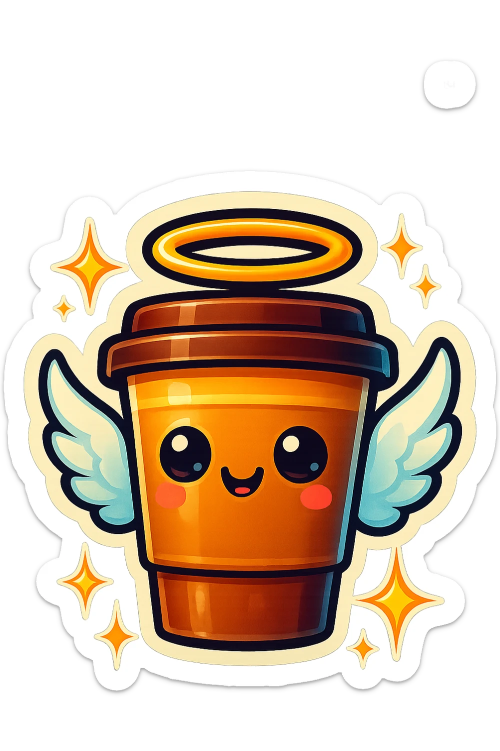 Tall coffee cup, shiney eyes, angel halo, wings, star sparkles sticker