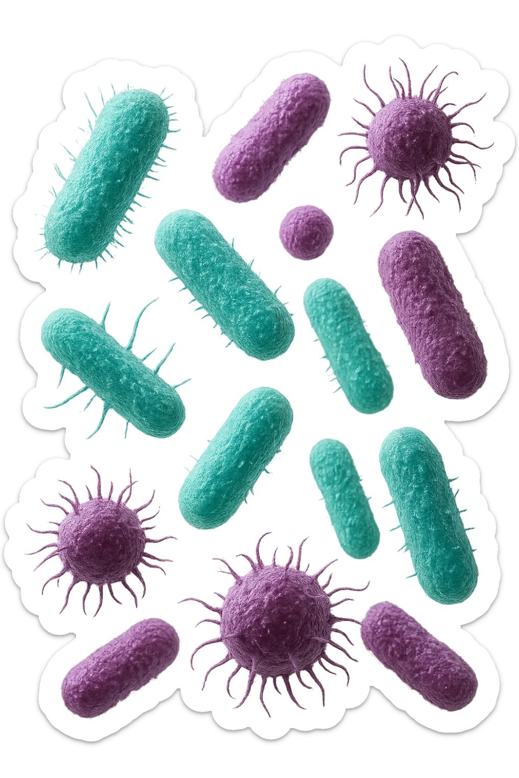 5 BATTERI BUONI E 5 BATTERI CATTIVI FLUTTUANO IN ARIA, I BATTERI BUONI FALLI TURCHESI, I BATTERI CATTIVI FALLI VIOLA, IPERREALISTICO 4K, NON DISEGNATO sticker