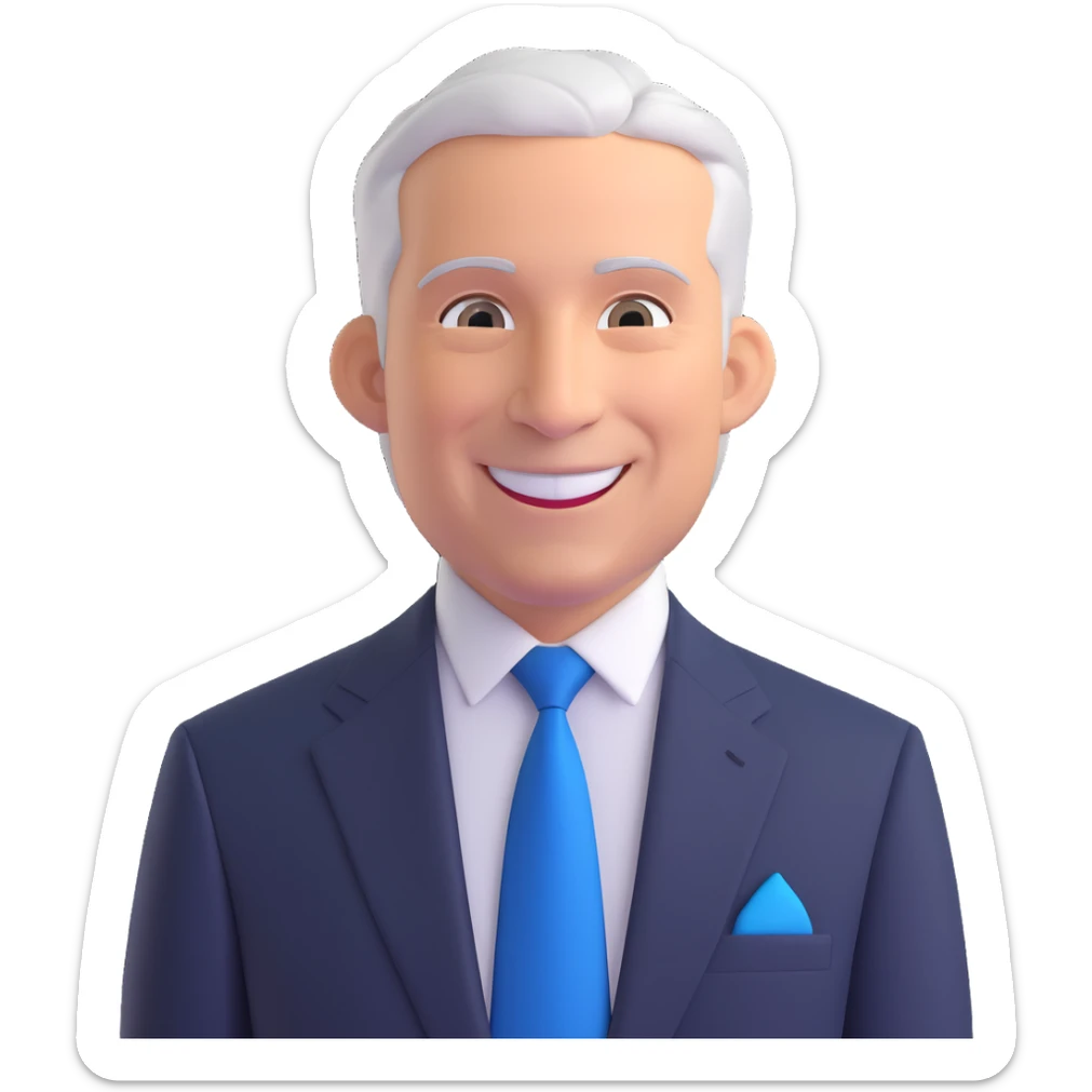 highly detailed realistic 3d illustration of Tony Petitti, the Big Ten commissioner, smiling, facing forward, from the waist up, wearing a dark suit and a blue tie sticker