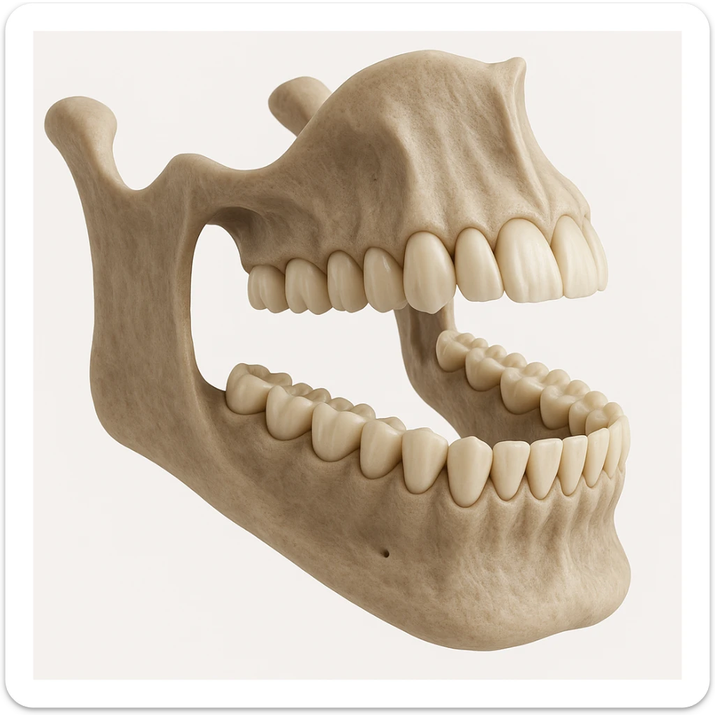 A detailed 3D model of a human jawbone, focusing on the teeth in a scientific style. sticker
