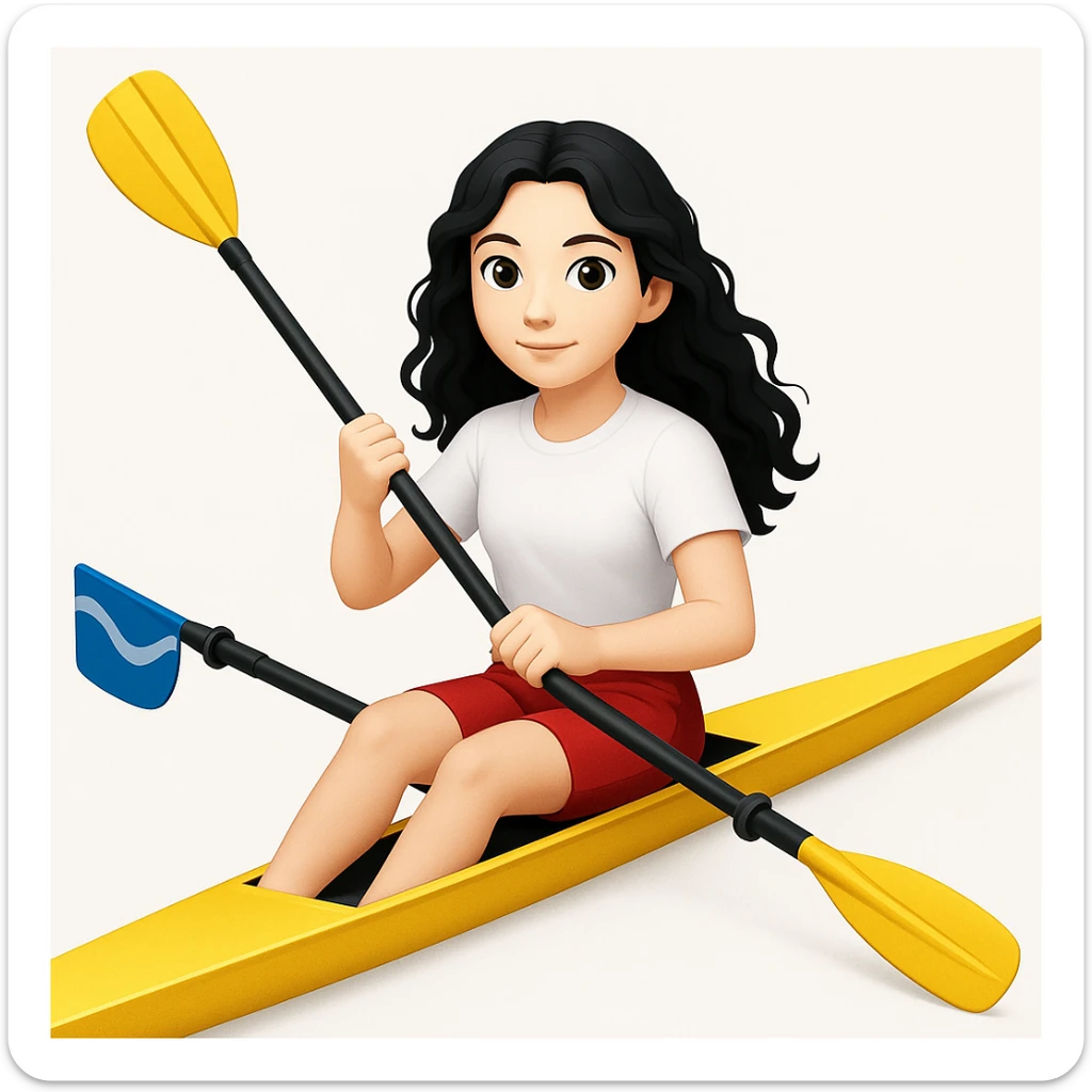 Altındaki tekneyi olimpik kürek sporu için uygun, uzun ve ince yarış teknesi olarak değiştir. Kız siyah uzun dalgalı saçlı, beyaz tenli, kırmızı şort ve beyaz kısa kollu tişörtle olimpik kürek sporu yapıyor sticker