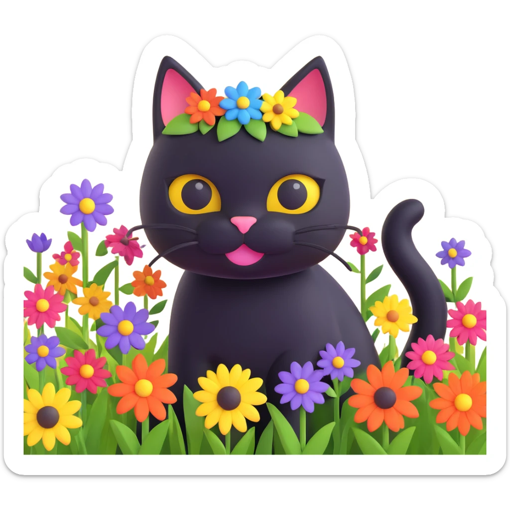 A black cat with a flower on its head in a field of flowers sticker