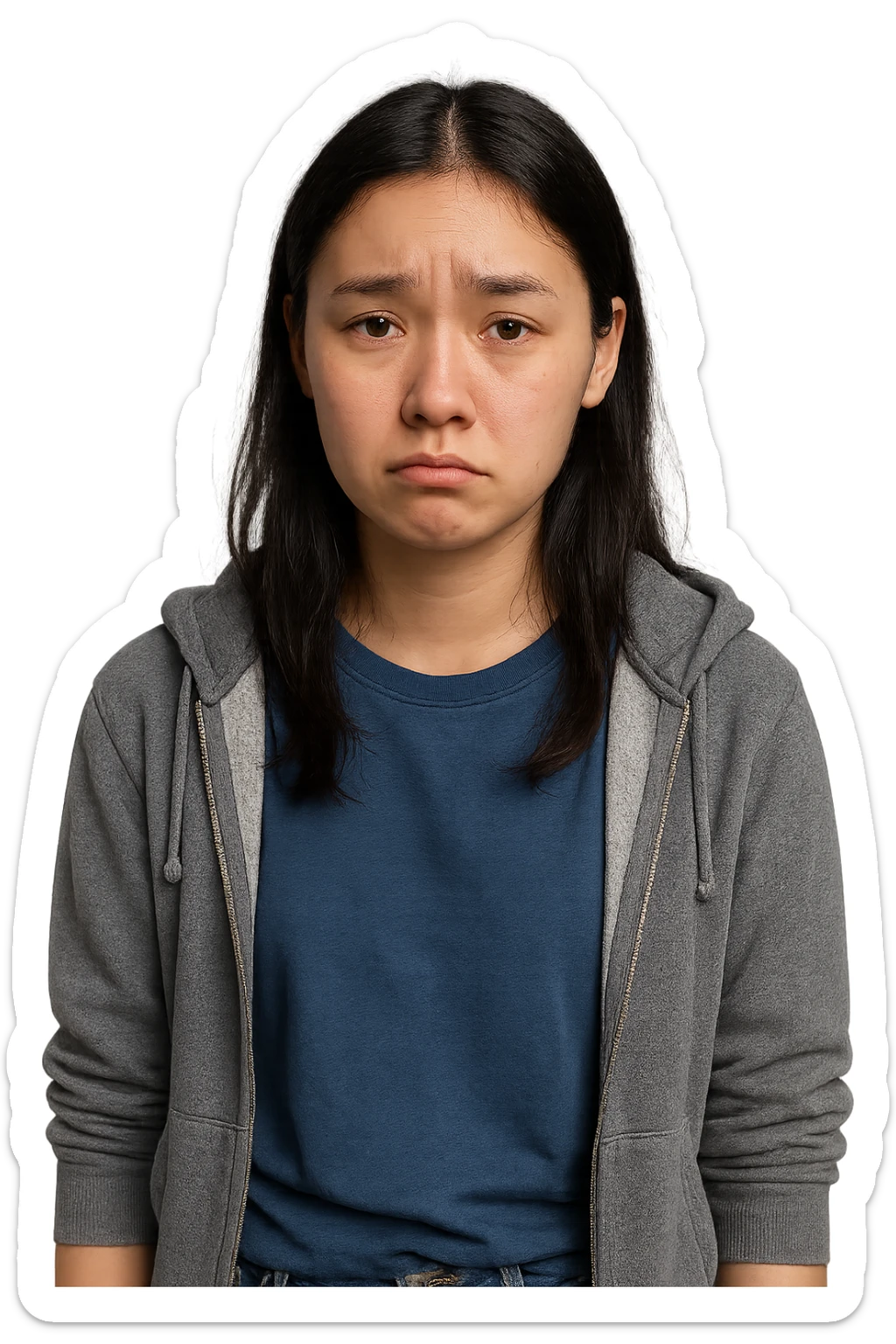 18-year-old Asian Finnish woman, sad expression, modern casual style, clear facial features, no background sticker