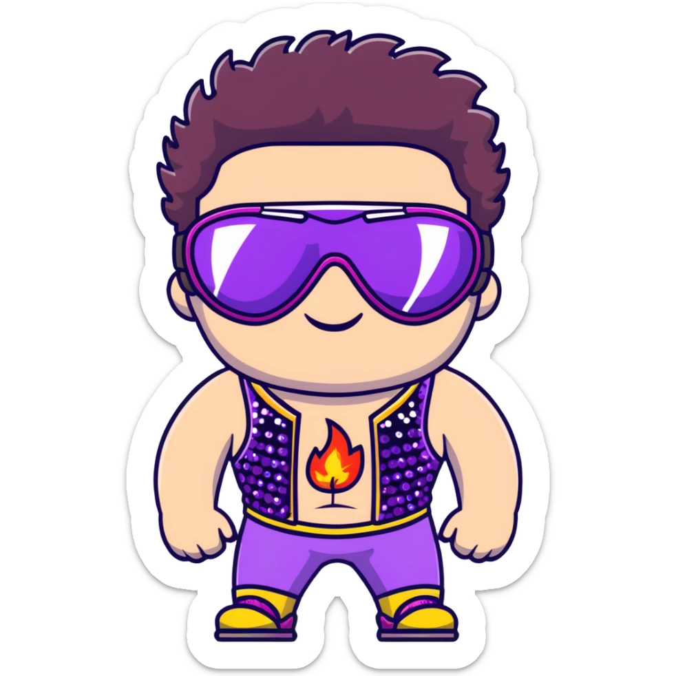 close-up of cool guy male athlete with white skin and moderately curly dark brown hair on top with shaved sides, with one purple ski goggle lens pushed up above his eyes on his forehead, sticking his tongue out of his mouth, wearing only a plain black chain necklace around his neck, and a completely unzipped sleeveless vest with purple and black sequin fire pattern design with no logo, clearly showing he is shirtless underneath with exposed chest and abs sticker