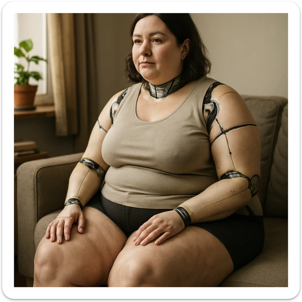 hyper realistic 4K gynoid woman sitting, fat on legs and thighs, realistic details, everyday atmosphere sticker