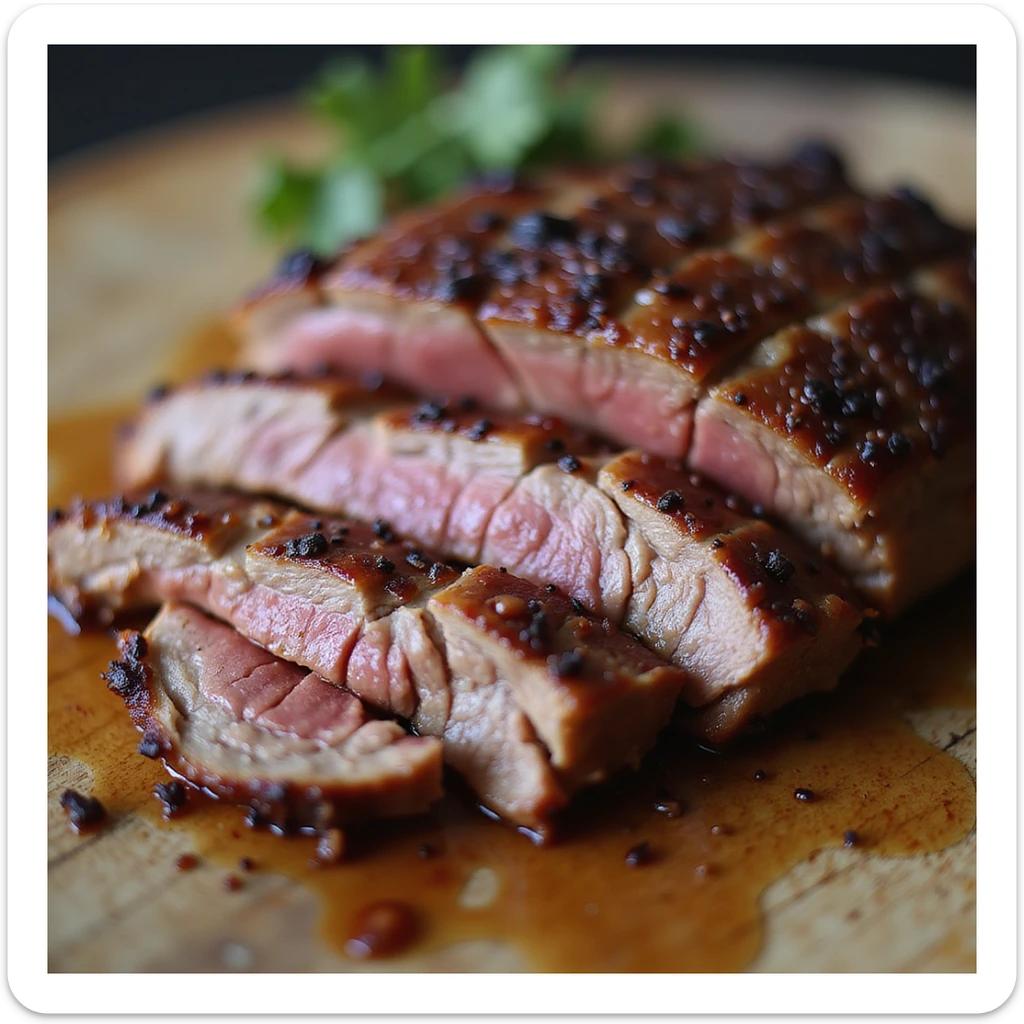 smoked beef brisket, close-up of tender slices, glistening juices, wood background, no text sticker