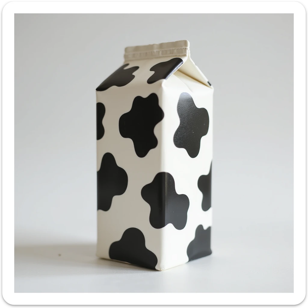 photorealistic carton of milk covered in black and white cow spots, natural lighting, subtle shadows sticker