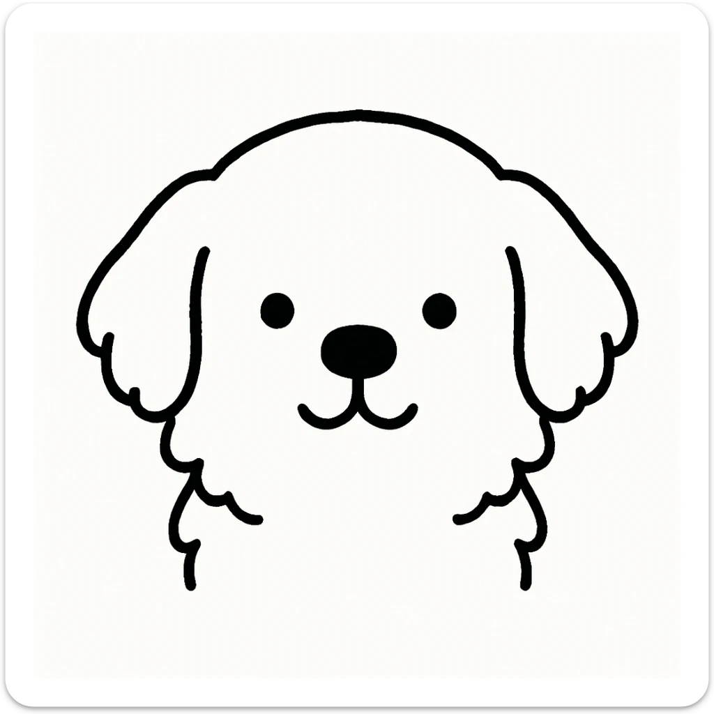Minimalist kawaii line art of a Golden Retriever dog's head: round, fluffy head, medium floppy ears, very simple face with two dot eyes, tiny round nose, upside-down 'Y' mouth. Thick, bold, clean black lines on white background, symmetrical, calm and sweet expression. No color or shading, just black linework. Slightly hand-drawn but polished, child-friendly. sticker