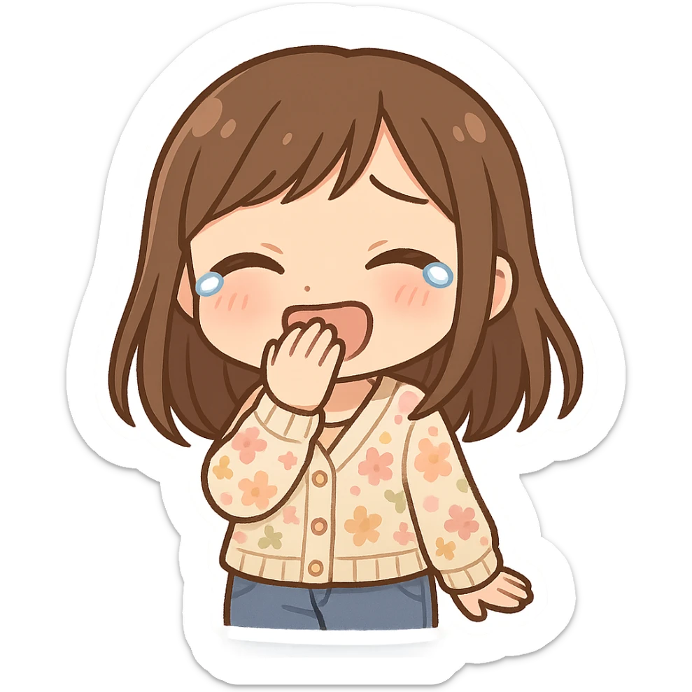 chibi sticker of a girl with brown straight hair and brown eyes, wearing a pastel floral cardigan and jeans, laughing to tears, covering her mouth, white outline, transparent background, 512x512px sticker