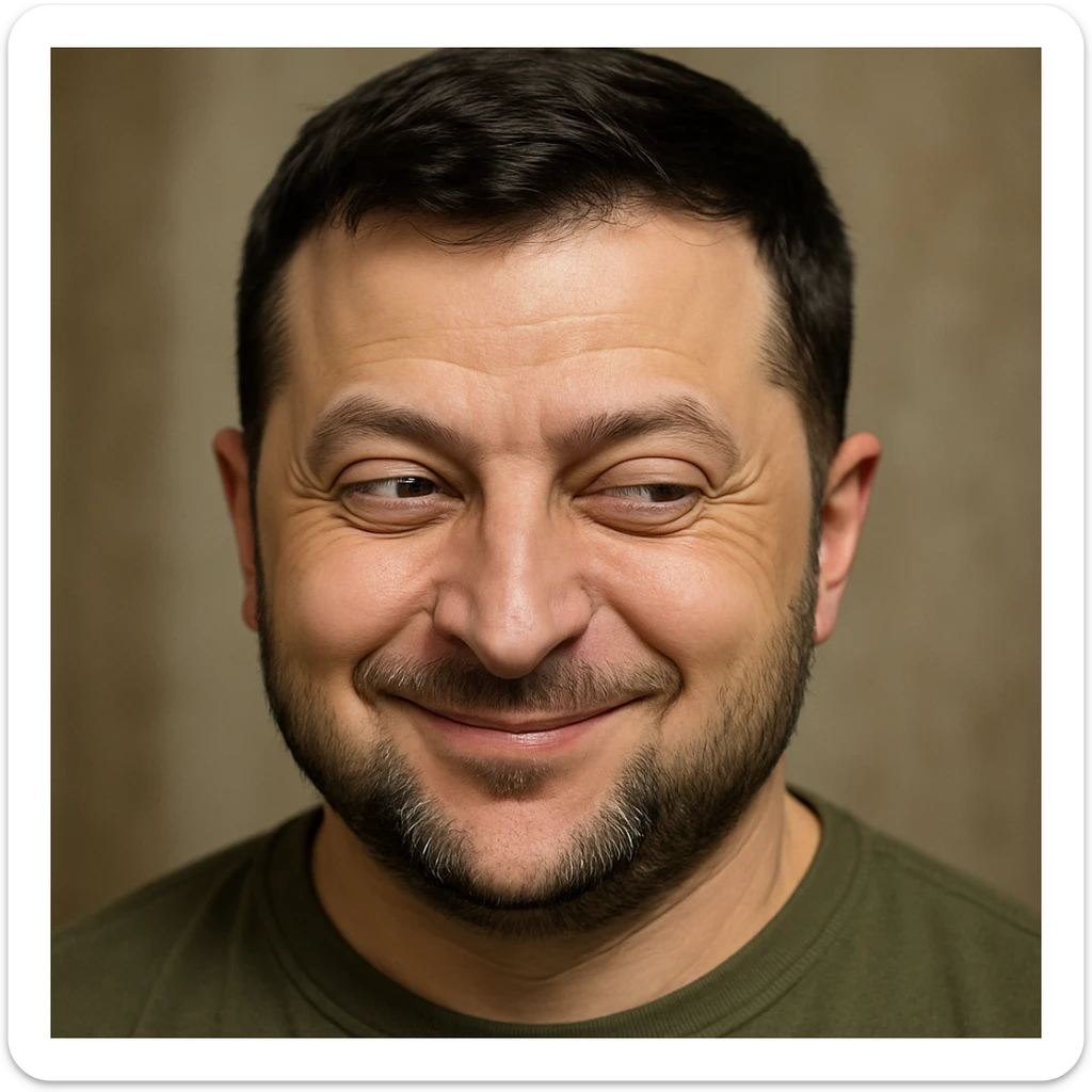 photorealistic emoji style portrait of Zelensky, round face, sly and cunning expression sticker