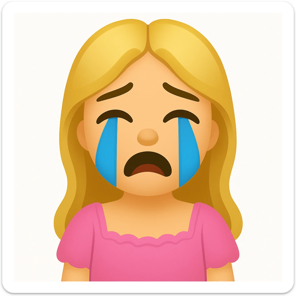 Create an iOS emoji style image of a blonde with long hair, green swamp eyes, and a pink pastel dress with a crying expression. Keep all facial features, clothes, and hairstyle from the reference image. sticker
