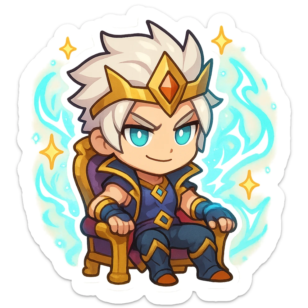 Viego in Soul Fighter skin, chibi emoji style, sitting on a king's chair, with stylized Soul Fighter effects, sparkles and glowing energy, cute and powerful look sticker