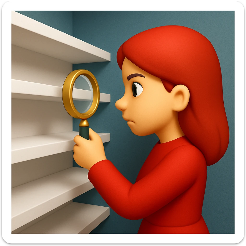emoji of white empty shelf in perspective view with a standing woman nearby, she is looking at the shelfs with a magnifying glass, she is turned to the shelfs, emoji style, woman wearing a red dress, adjust the perspective to be more dramatic, with a different background sticker