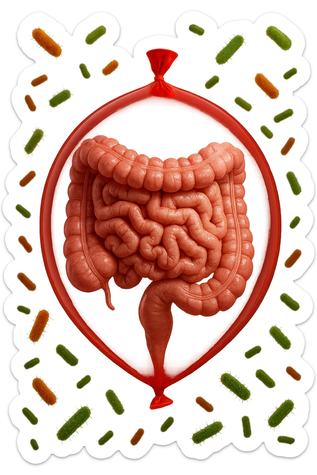 intestino umano anatomico chiuso in un palloncino rosso con batteri intestinali che fluttuano intorno, iperrealistico 4k sticker