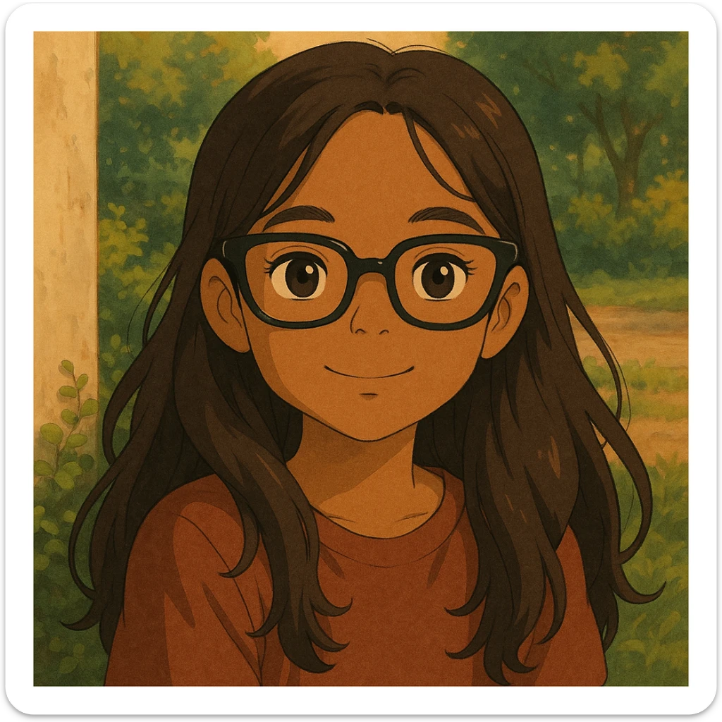 young brown girl with long dark brown hair, dark brown eyes, wearing black squared cat eye glasses sticker