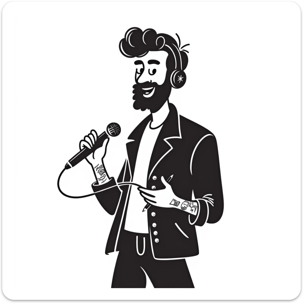 rock star with neat trimmed beard, tattooed arms, headphones resting on shoulders, happy expression, holding mic in one hand and pencil in other sticker