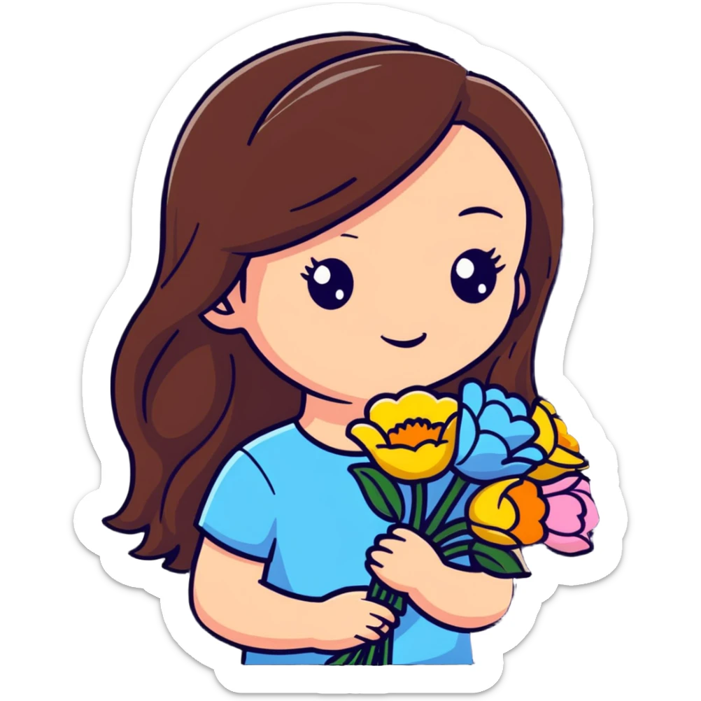 Cool girl with long brown hair and fair skin holding a bouquet of flowers sticker