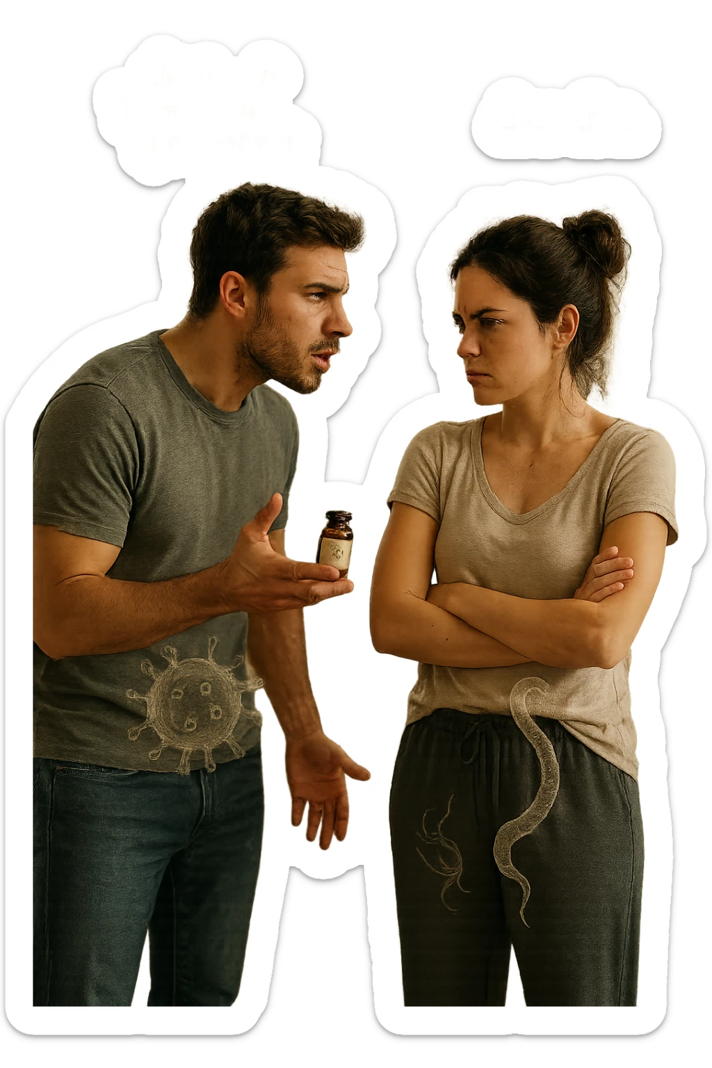 A highly realistic, cinematic photo of a young couple in their early 30s having an argument in a bright modern kitchen. The man, athletic build, wearing a casual T-shirt and jeans, is speaking firmly with a raised hand holding a small amber glass bottle labeled with a subtle herbal symbol, saying 'Andiamo a fare il trattamento antiparassitario' with a determined expression. The woman, with long dark hair tied in a messy bun, casual home outfit, crosses her arms with an angry, defensive expression, replying 'Ti ho detto di no! Io non ci credo!' while slightly turning away. Tension is visible in their body language, with the man leaning forward trying to explain and the woman leaning back, her eyebrows furrowed. Around them, subtle ghostly overlays of microscopic parasites are faintly visible near their abdominal areas, symbolizing the hidden reason for the argument. The kitchen is bright and modern with plants and natural light, contrasting the emotional tension. The style is hyperrealistic with warm tones and shallow depth of field focusing on their facial expressions, illustrating the conflict between belief in natural treatments and skepticism within the couple regarding hidden parasitic infections. in italiano sticker