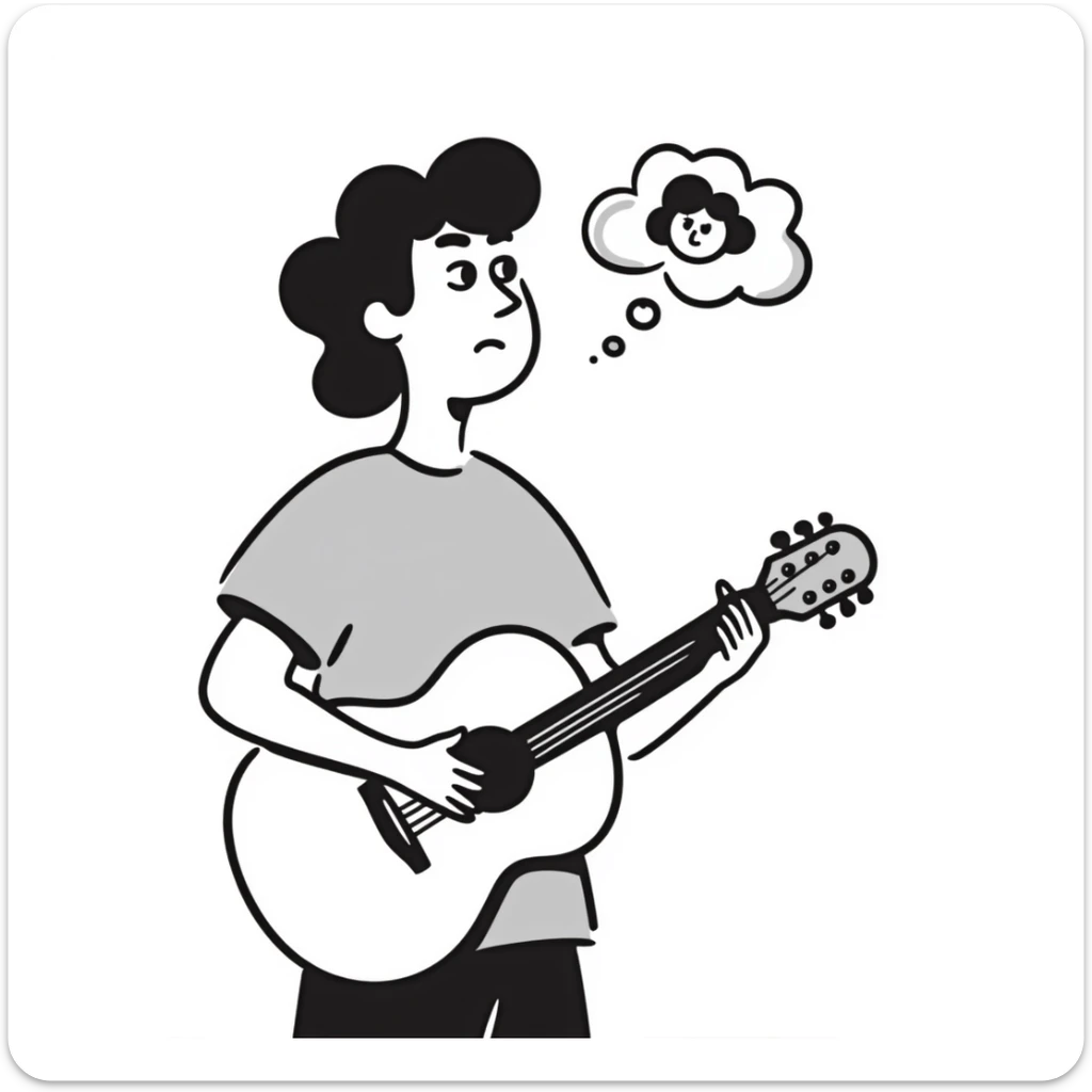 Close-up of a musician's face and torso, holding a guitar, looking up at the sky with a sad and worried expression, with a small thought cloud above showing something causing concern sticker