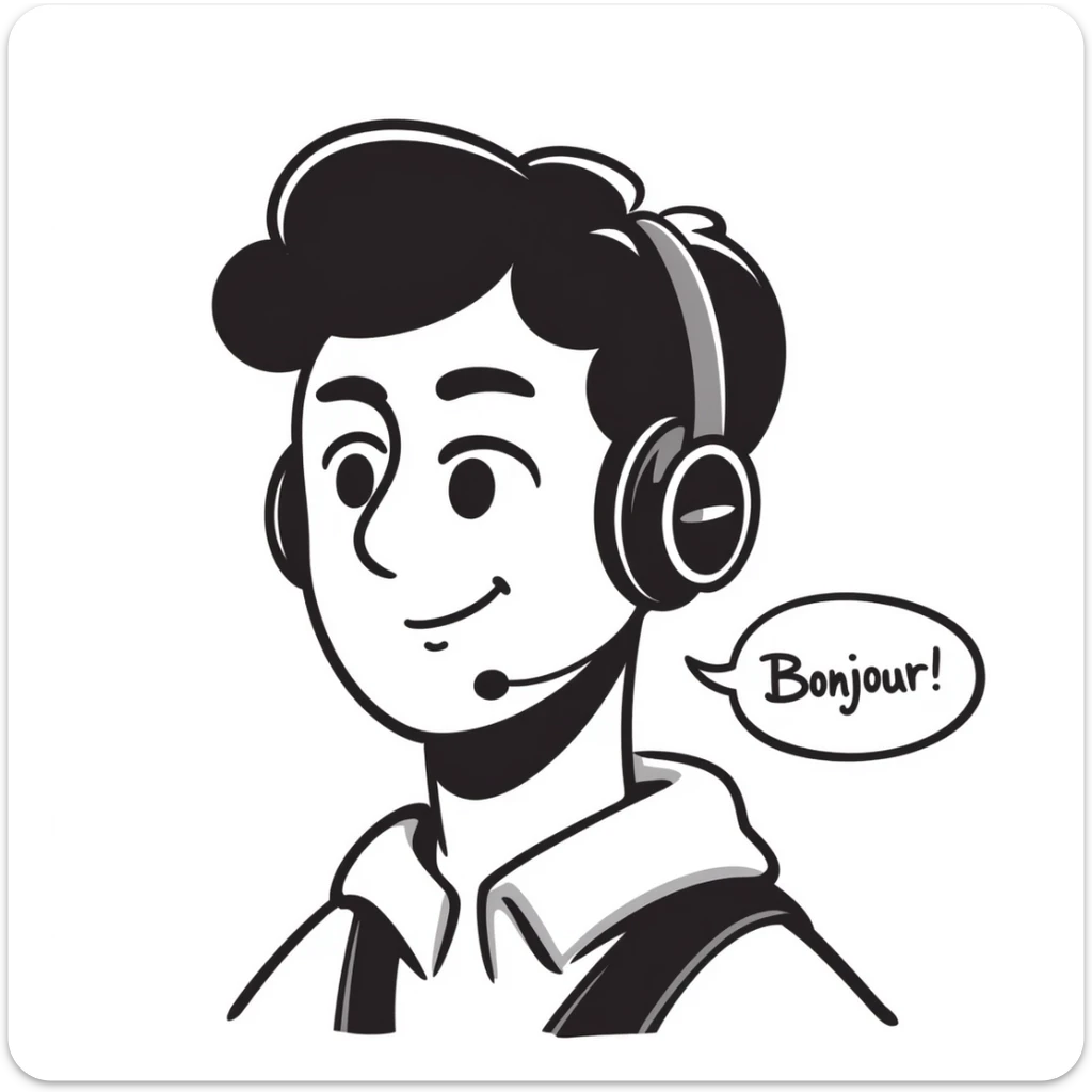 Highly detailed anime-style male character saying "Bonjour!", with styled black hair, expressive brown eyes, defined black beard, wearing detailed gaming headphones, anime art style with line work sticker