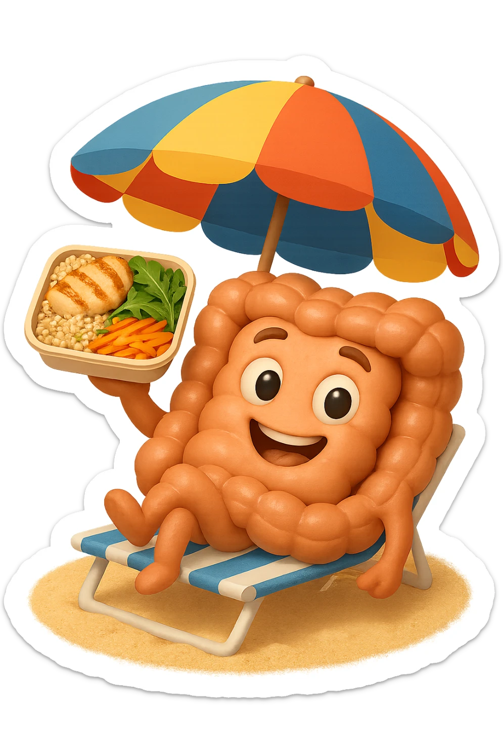 EMOJI STILE IPHONE DI INTESTINO IN SPIAGGIA SU UNA SPIAGGINA SOTTO L'OMBRELLONE CON IN MANO UNA SCHISCETTA DI Insalata di quinoa e pollo con rucola e carote, iperrealistica 4k sticker