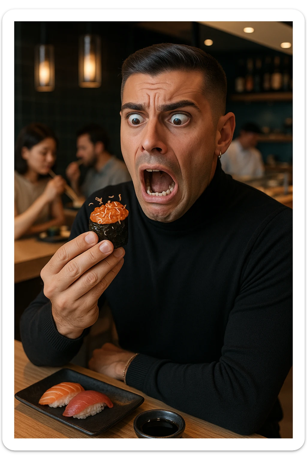 a man in casual clothes is about to eat a salmon gunkan at a sushi restaurant. As he brings it closer, he spots tiny parasites and bacteria wriggling on the fish. His face contorts in a dramatic expression of shock and alarm, with his hand frozen mid-air. The setting is a modern sushi bar, with other diners in the background unaware of the situation. sticker