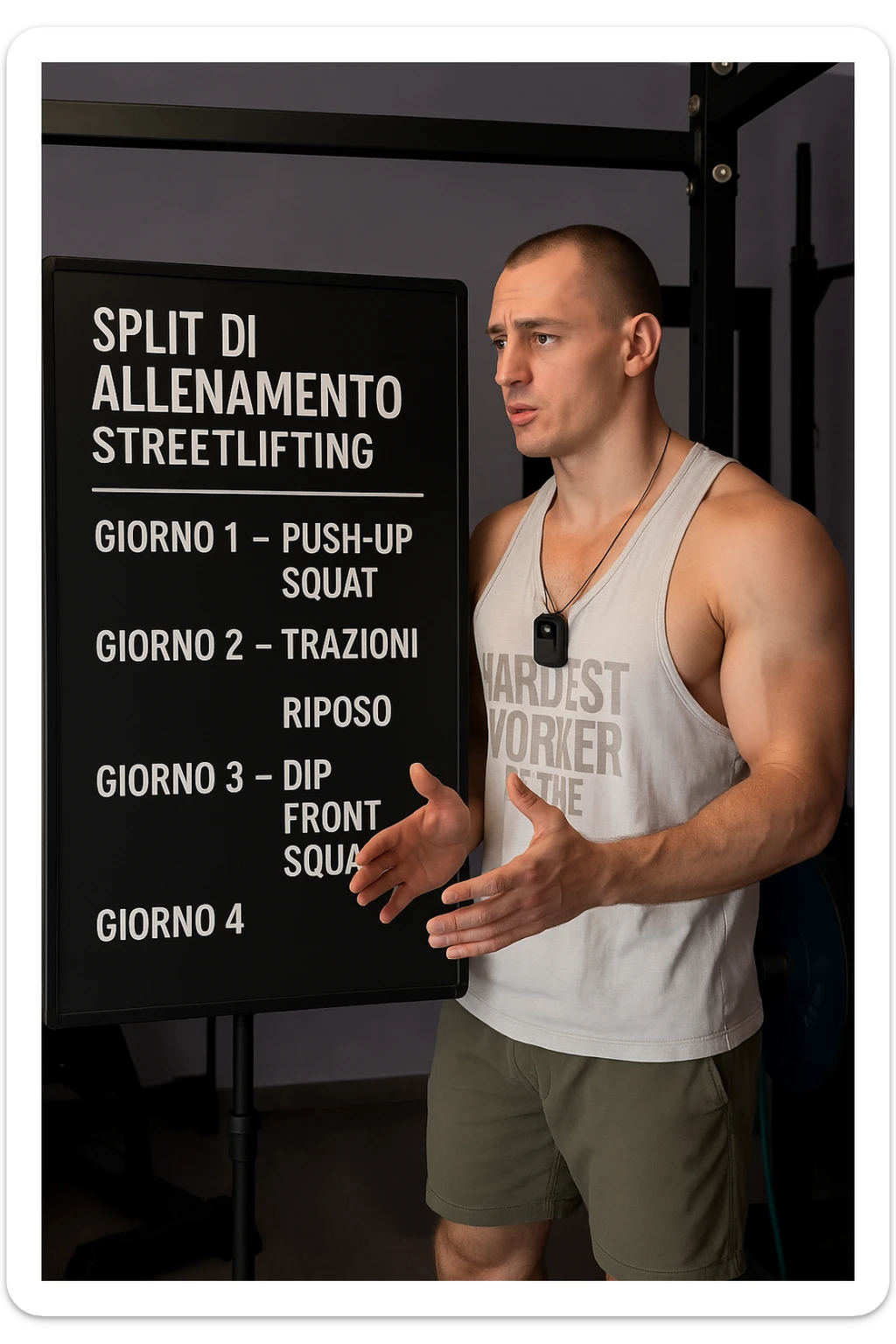 uomo che spiega alla lavagna la "Split di Allenamento" per lo streetlifting. tutto in italiano sticker