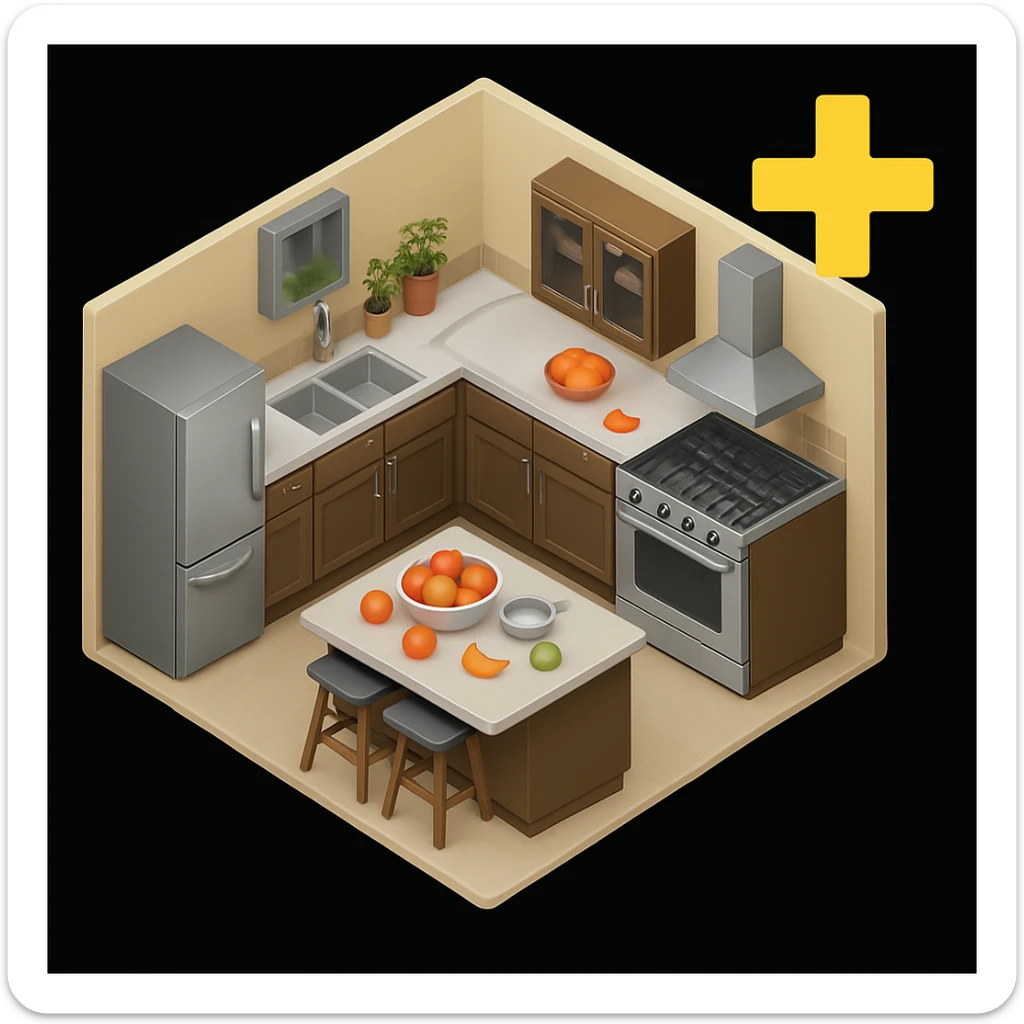 Change the color of the plus (+) symbol in the top right corner to yellow, keeping the rest of the kitchen emoji unchanged, in a style consistent with the original kitchen emoji. sticker