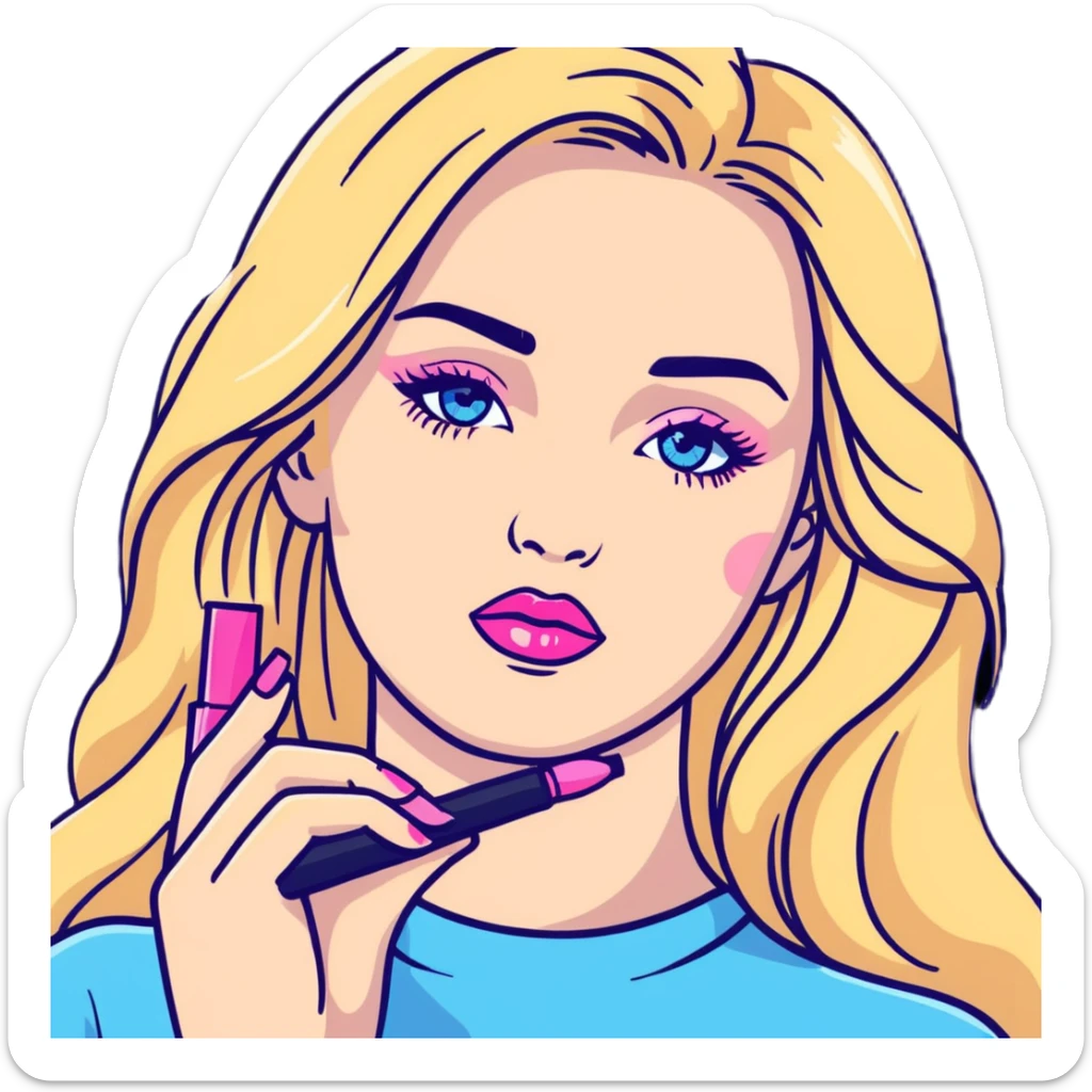 Blonde woman with long hair, blue eyes and pink lips holding mascara in her hands sticker
