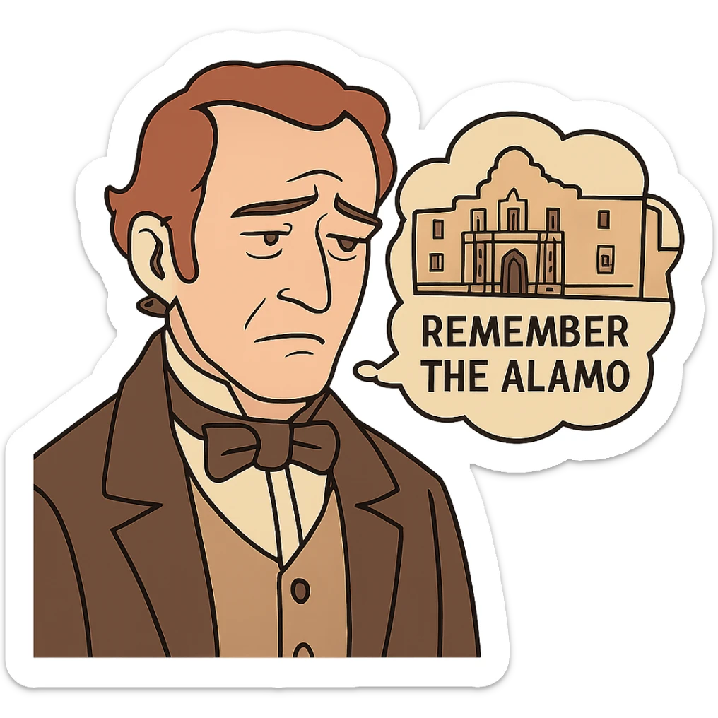 flat toon style face of an 1800s person with a solemn, reflective expression, remembering the Alamo sticker