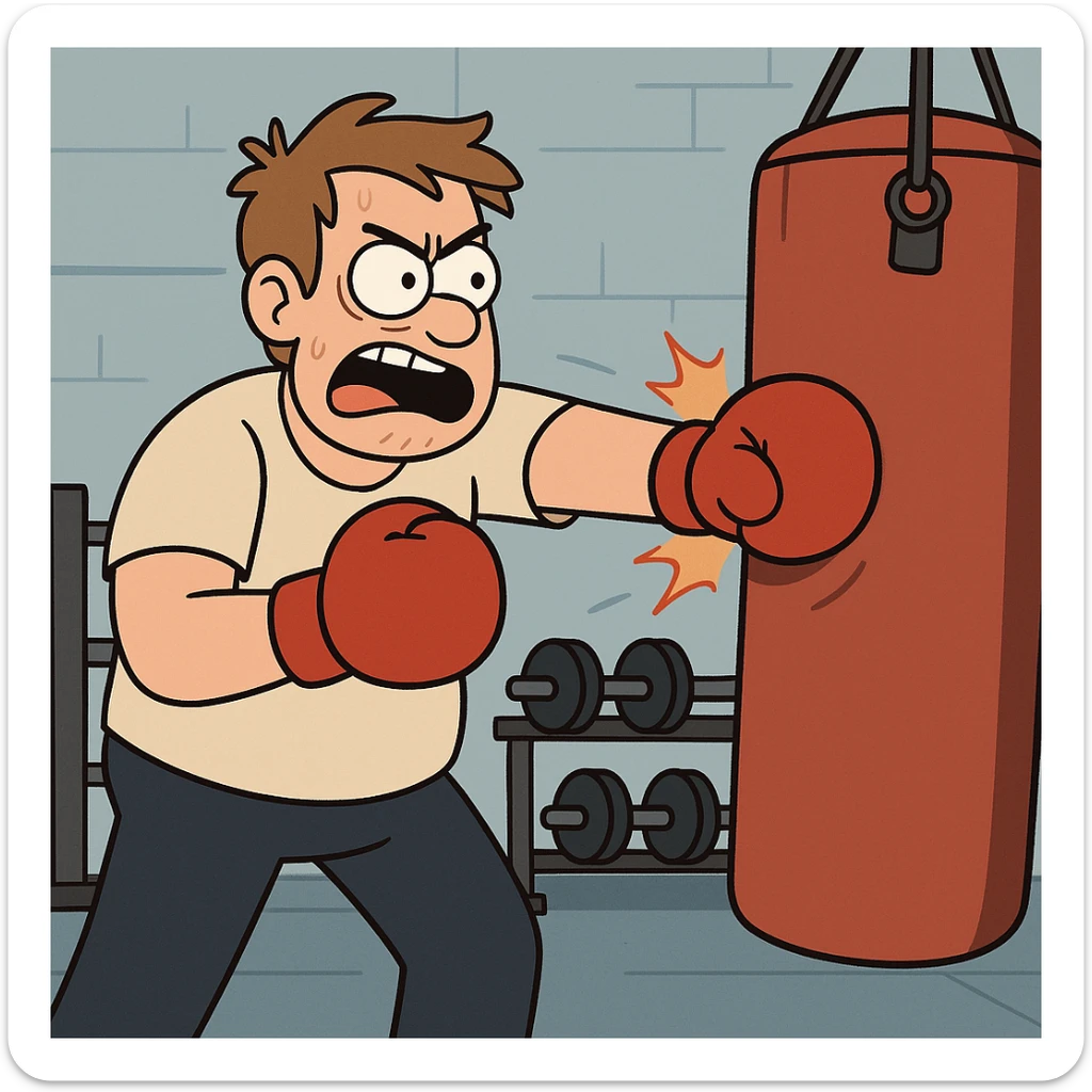 Hit a punching bag – to punch a padded bag for exercise or stress relief.
He went to the gym to hit a punching bag and blow off steam. Background Gym
 sticker