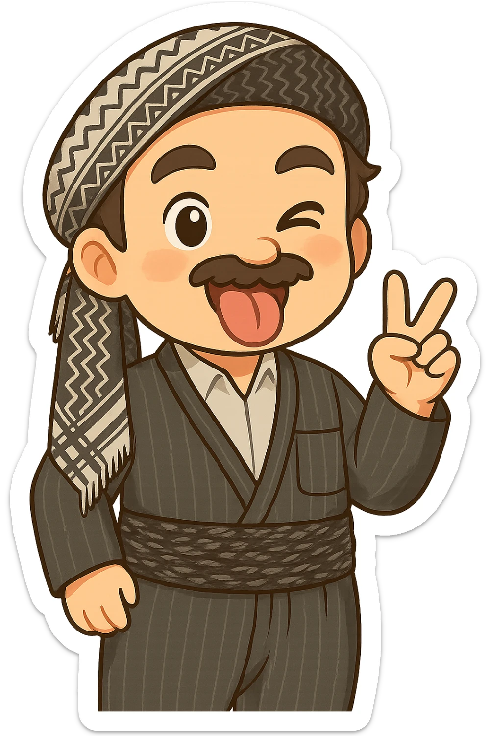 Cartoon sticker of a Kurdish man with the same clothes and scarf as the reference image, no changes to clothes or scarf. Face with tongue out and wink expression similar to the 😜 emoji. Hand raised in a playful or fun gesture, such as a victory sign. Colorful and cheerful, no shadows or color halos around the image, no text, fully transparent background, suitable for WhatsApp and Instagram. sticker