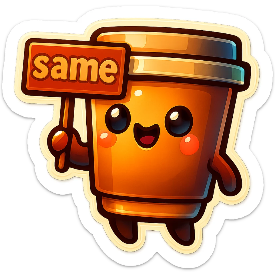 Tall coffee cup, holding sign "same" sticker