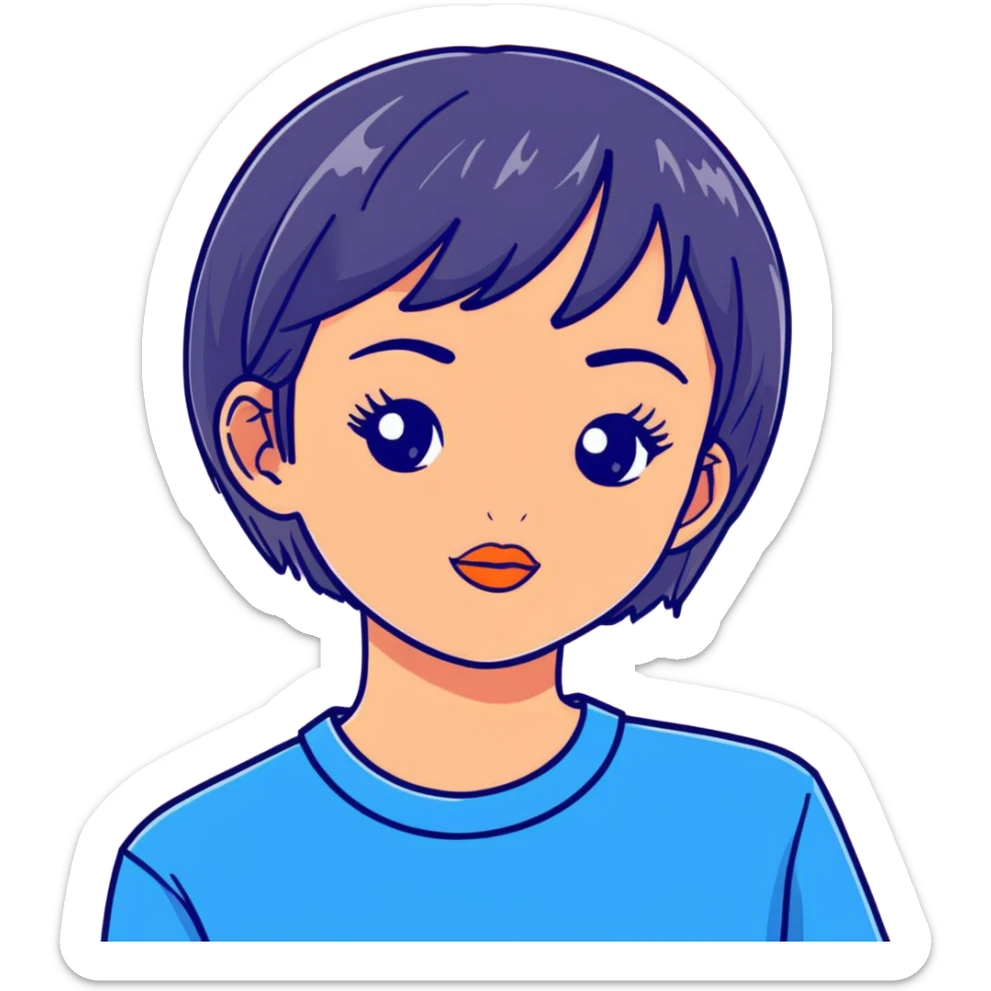 profile picture of a 22-year-old girl with short hair, cool tone makeup, blue shirt sticker